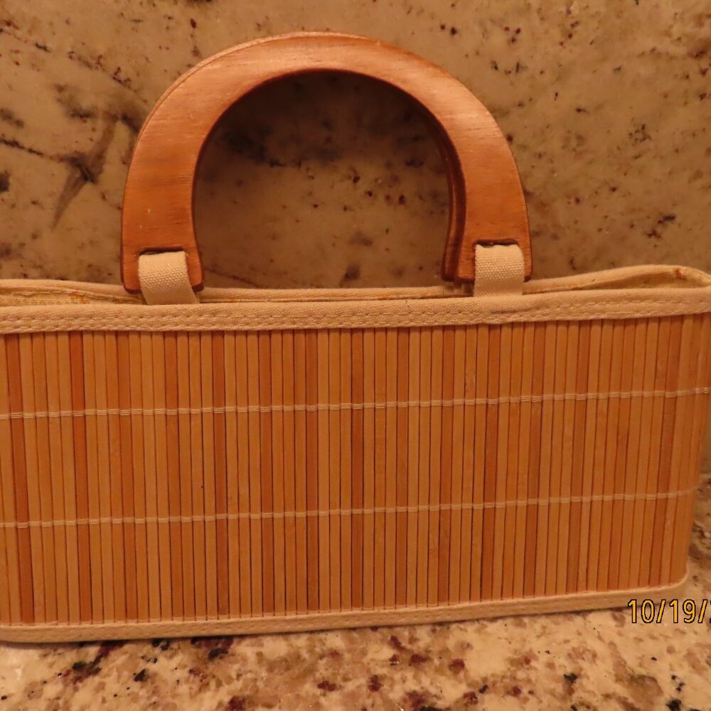 Vintage Summer Wooden Bamboo Slatted Double Handle Rectangle Purse Handbag